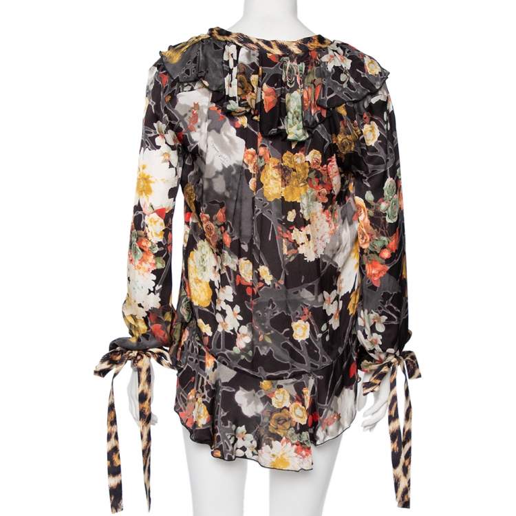 Pre Owned Just Cavalli Multicolored Printed Silk Pleated Detailed Blouse L 