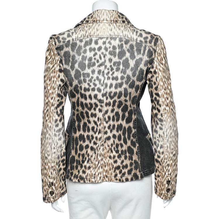 Pre Owned Just Cavalli Brown Animal Printed Denim Button Front Blazer S