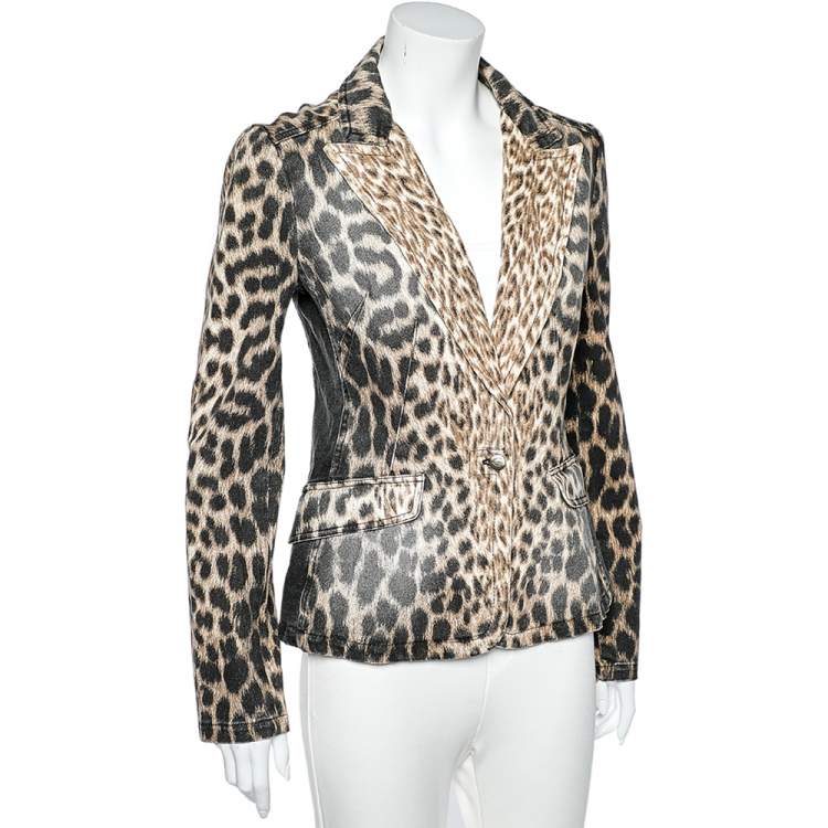 Pre Owned Just Cavalli Brown Animal Printed Denim Button Front Blazer S