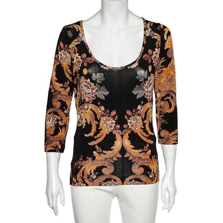 Pre Owned Just Cavalli Black Floral Printed Jersey Scoop Neck T-Shirt XL