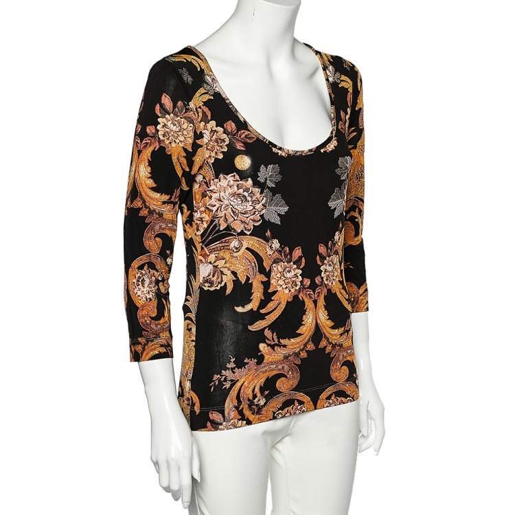 Pre Owned Just Cavalli Black Floral Printed Jersey Scoop Neck T-Shirt XL
