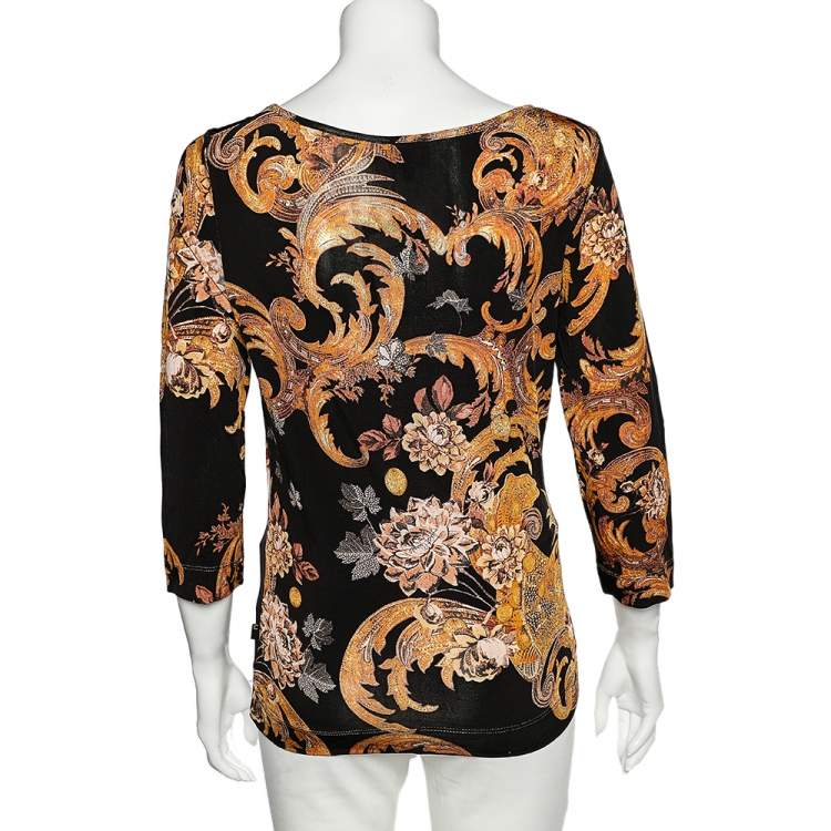 Pre Owned Just Cavalli Black Floral Printed Jersey Scoop Neck T-Shirt XL