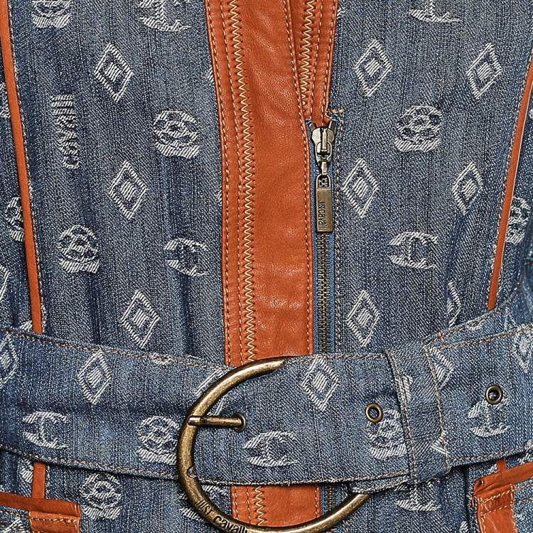 Pre Owned Just Cavalli Blue Logo Jacquard Denim & Leather Trim Belted Trench Coat M