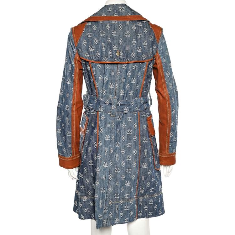Pre Owned Just Cavalli Blue Logo Jacquard Denim & Leather Trim Belted Trench Coat M