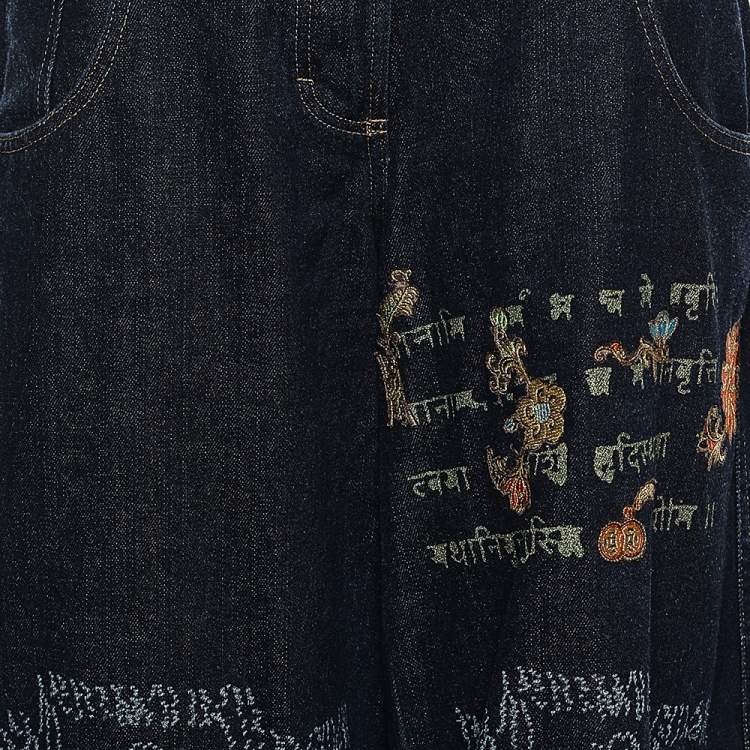 Pre Owned Just Cavalli Navy Blue Painted Denim Flared Leg Jeans L