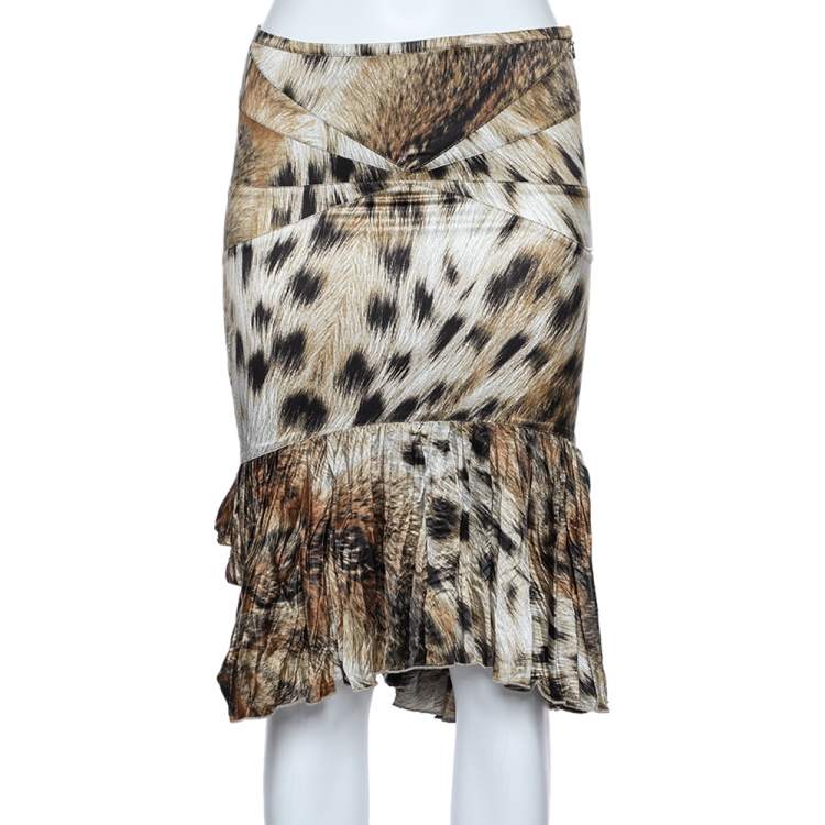 Pre Owned Just Cavalli Brown Animal Printed Satin Ruffled Hem Mini Skirt S