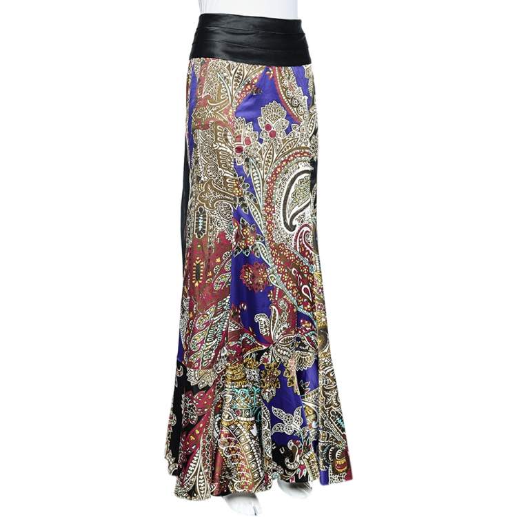 Pre Owned Just Cavalli Multicolor Printed Satin Ruffle Detail Maxi Skirt S