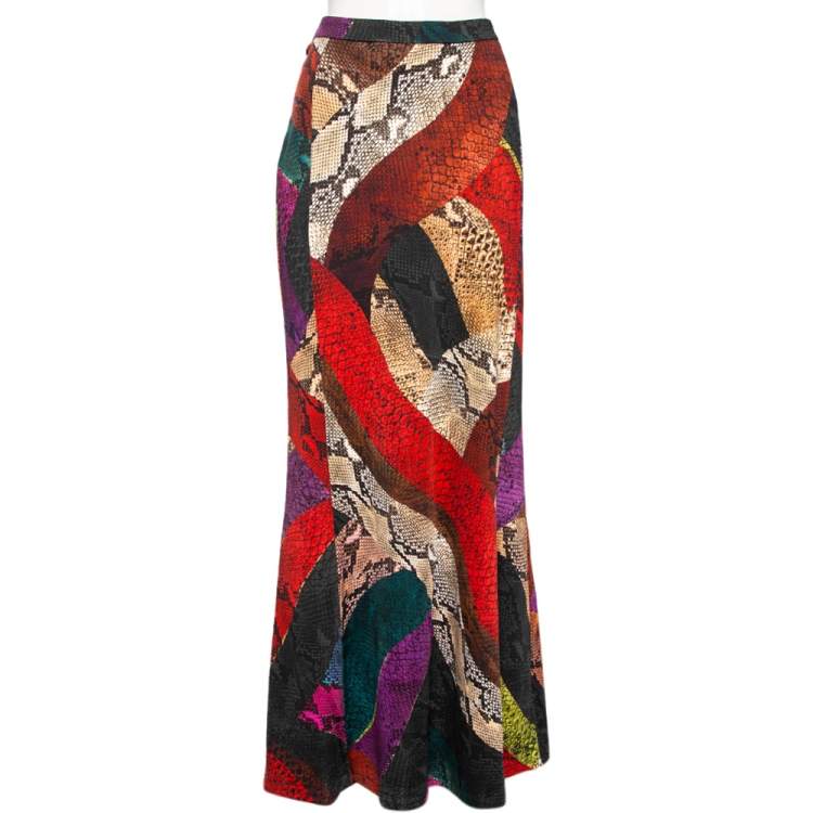 مملوكة مسبقًا Just Cavalli Multicolor Snakeskin Print Jersey Maxi Skirt L 