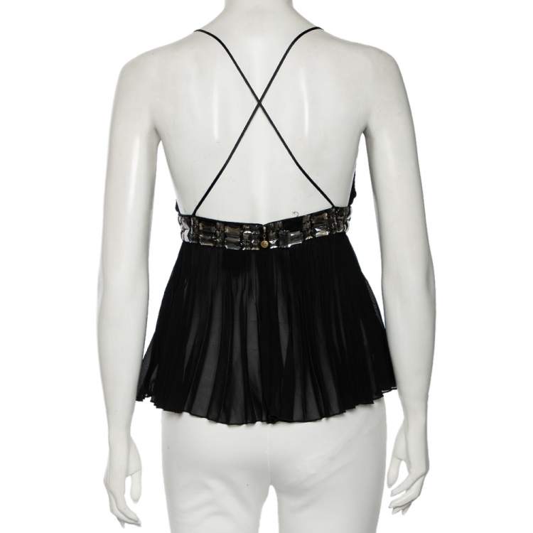 Pre Owned Just Cavalli Black Silk Embellished Waist Pleated Top S 