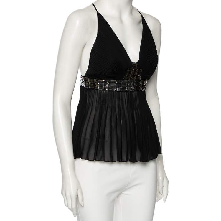Pre Owned Just Cavalli Black Silk Embellished Waist Pleated Top S 