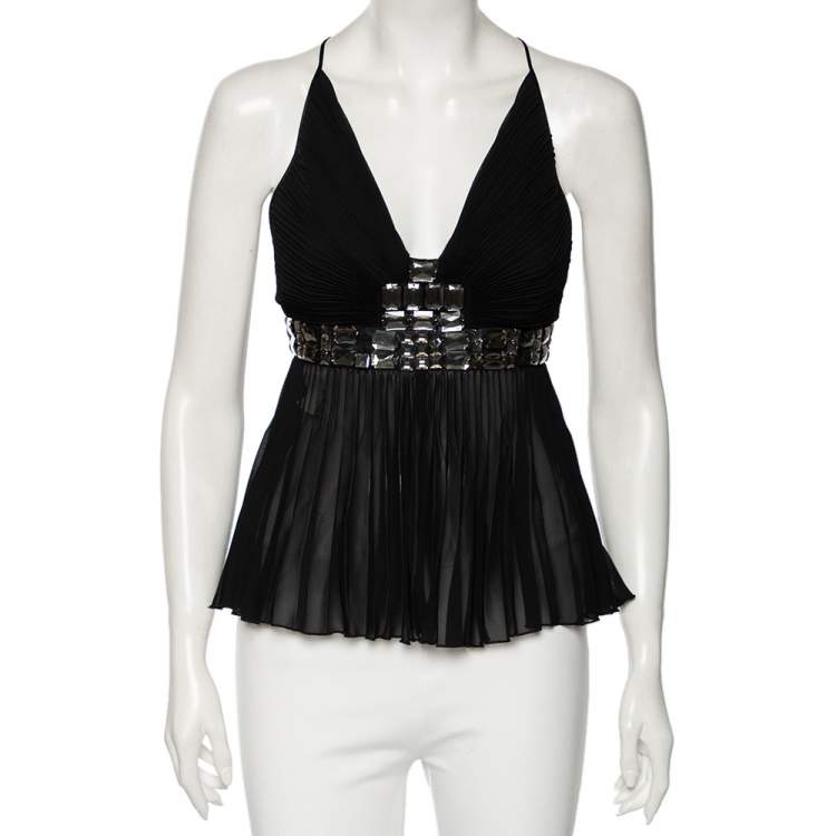 Pre Owned Just Cavalli Black Silk Embellished Waist Pleated Top S 