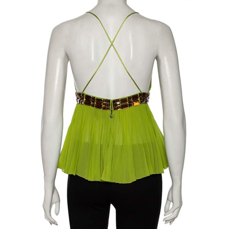 Pre Owned Just Cavalli Green Silk Embellished Pleated Top S 