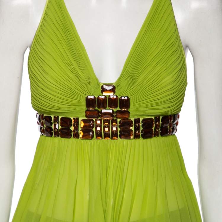 Pre Owned Just Cavalli Green Silk Embellished Pleated Top S 