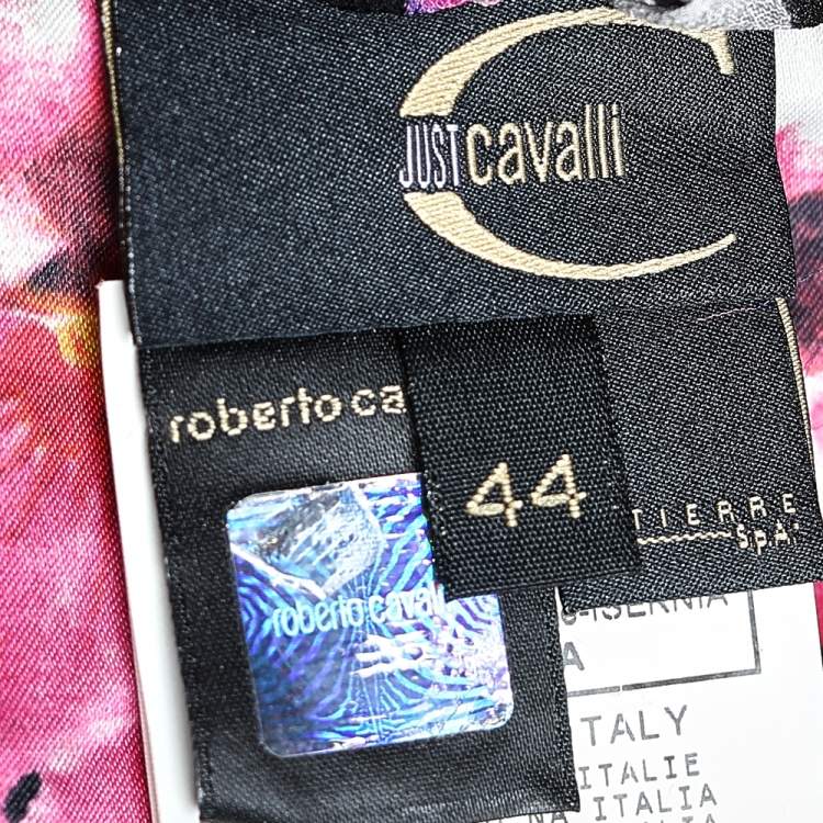مملوكة مسبقًا Just Cavalli Black Floral Printed Sateen Ruffled Neck Detail Top M