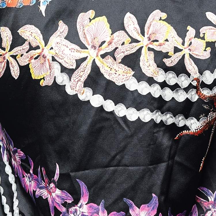 مملوكة مسبقًا Just Cavalli Black Floral Printed Sateen Ruffled Neck Detail Top M