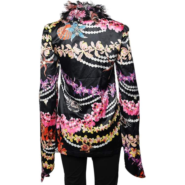 مملوكة مسبقًا Just Cavalli Black Floral Printed Sateen Ruffled Neck Detail Top M