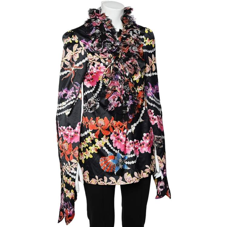 مملوكة مسبقًا Just Cavalli Black Floral Printed Sateen Ruffled Neck Detail Top M