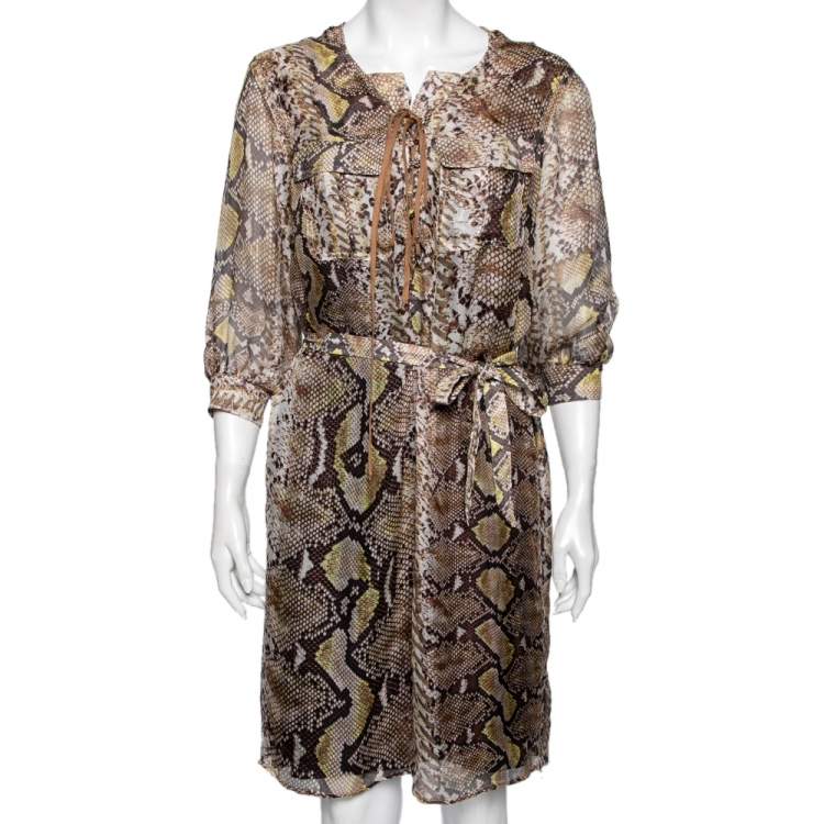 Pre Owned Just Cavalli Brown Animal Print Silk Knit Lace-Up Detail Belted Dress M