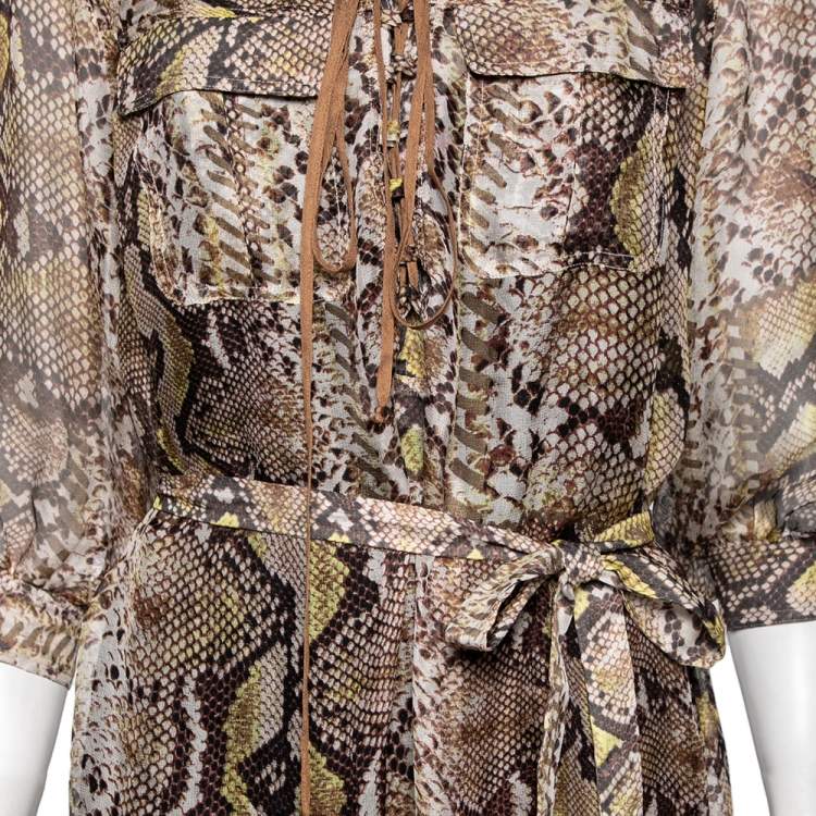 Pre Owned Just Cavalli Brown Animal Print Silk Knit Lace-Up Detail Belted Dress M