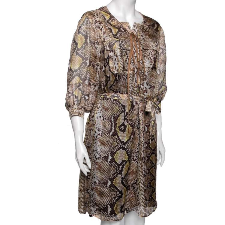 Pre Owned Just Cavalli Brown Animal Print Silk Knit Lace-Up Detail Belted Dress M