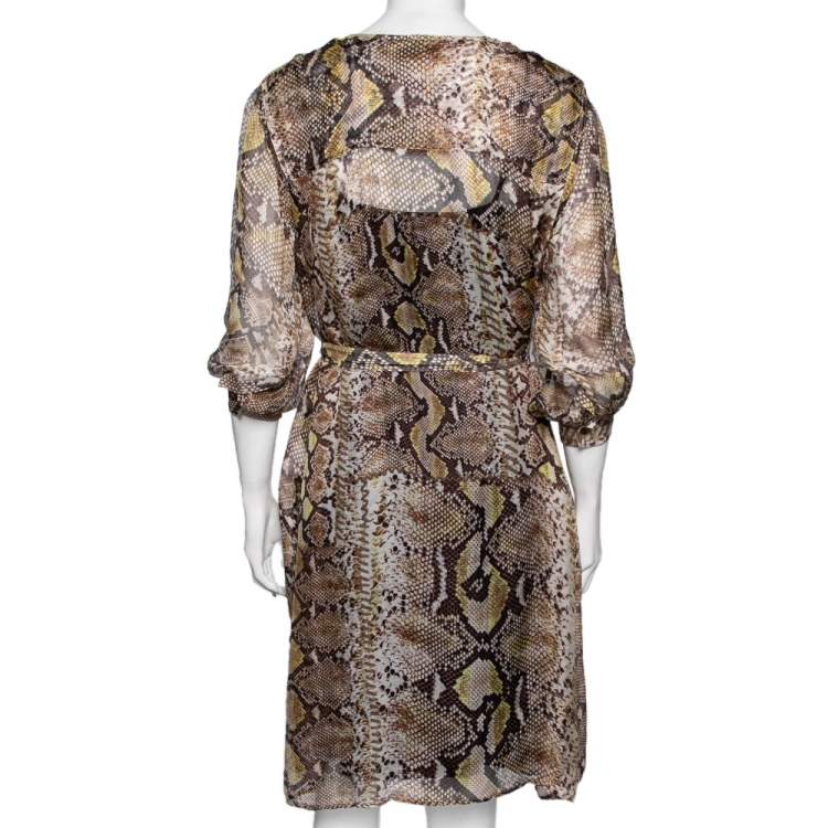 Pre Owned Just Cavalli Brown Animal Print Silk Knit Lace-Up Detail Belted Dress M
