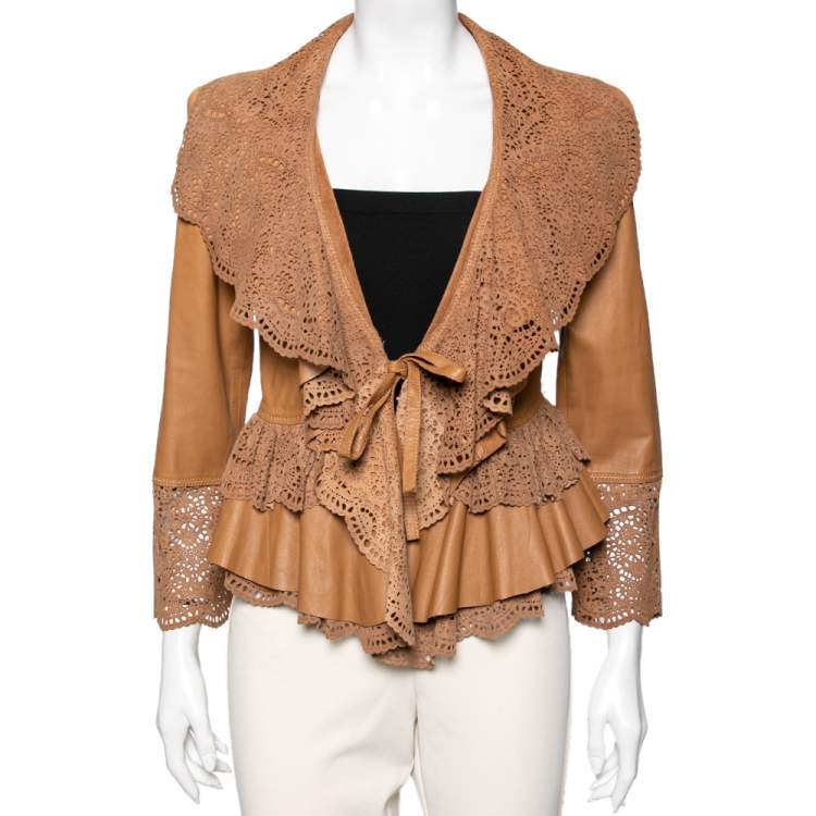 Pre Owned Just Cavalli Brown Leather Lasercut Detail Shrug M