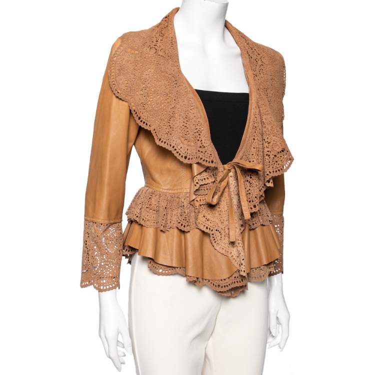 Pre Owned Just Cavalli Brown Leather Lasercut Detail Shrug M