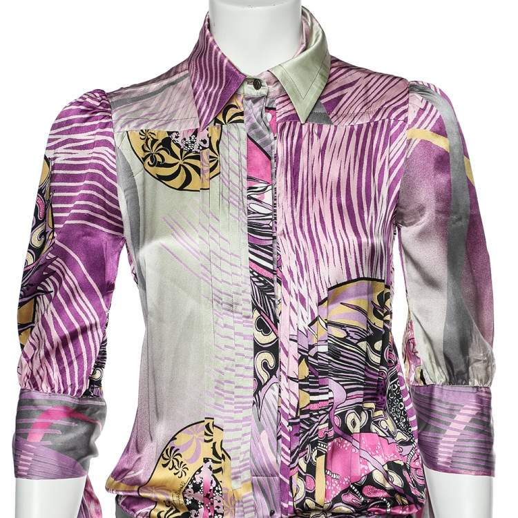 Pre Owned Just Cavalli Multicolor Printed Silk Belted Ruffled Hem Dress S