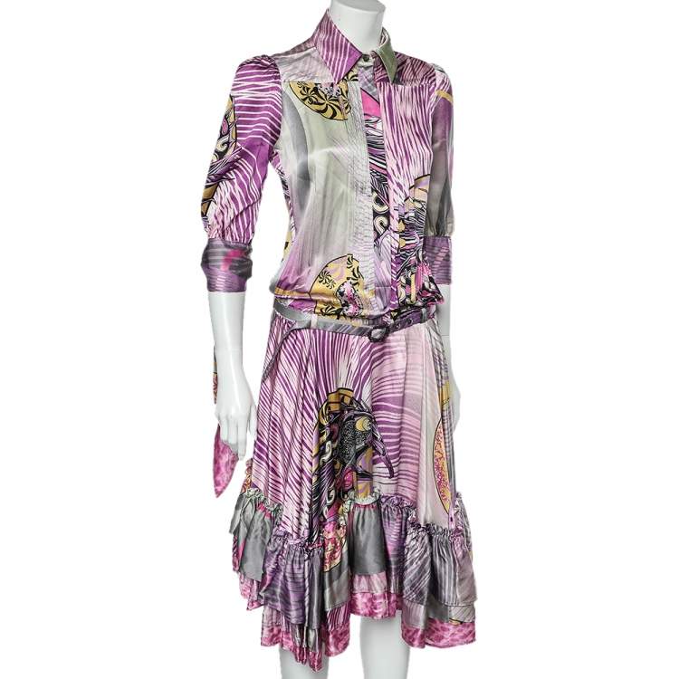 Pre Owned Just Cavalli Multicolor Printed Silk Belted Ruffled Hem Dress S