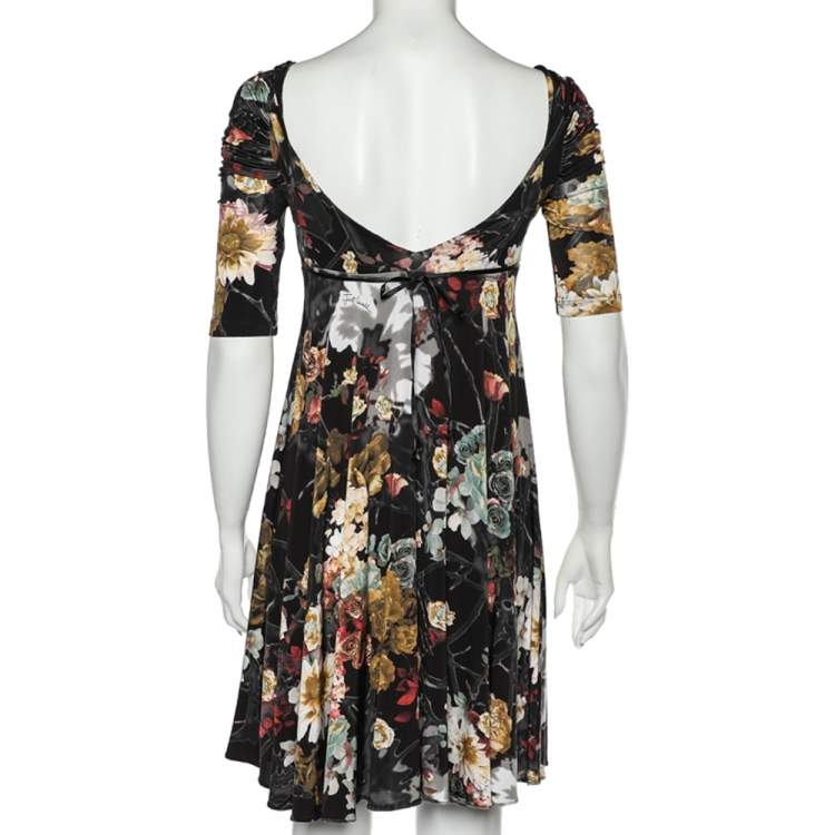 Pre Owned Just Cavalli Black Floral Printed Jersey Ruched Sleeve Detail Mini Dress S