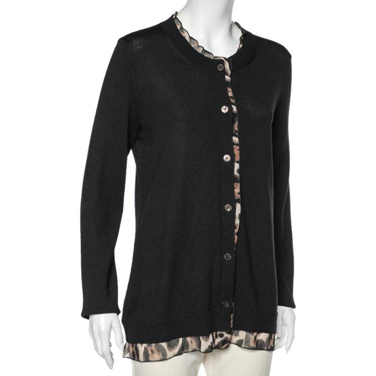 Pre Owned Just Cavalli Black Wool Knit Animal Printed Trim Cardigan XL