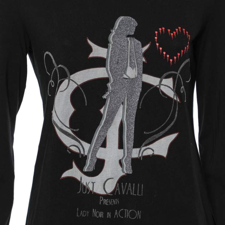 Pre Owned Just Cavalli Black Printed Cotton Knit Long Sleeve T-Shirt XL