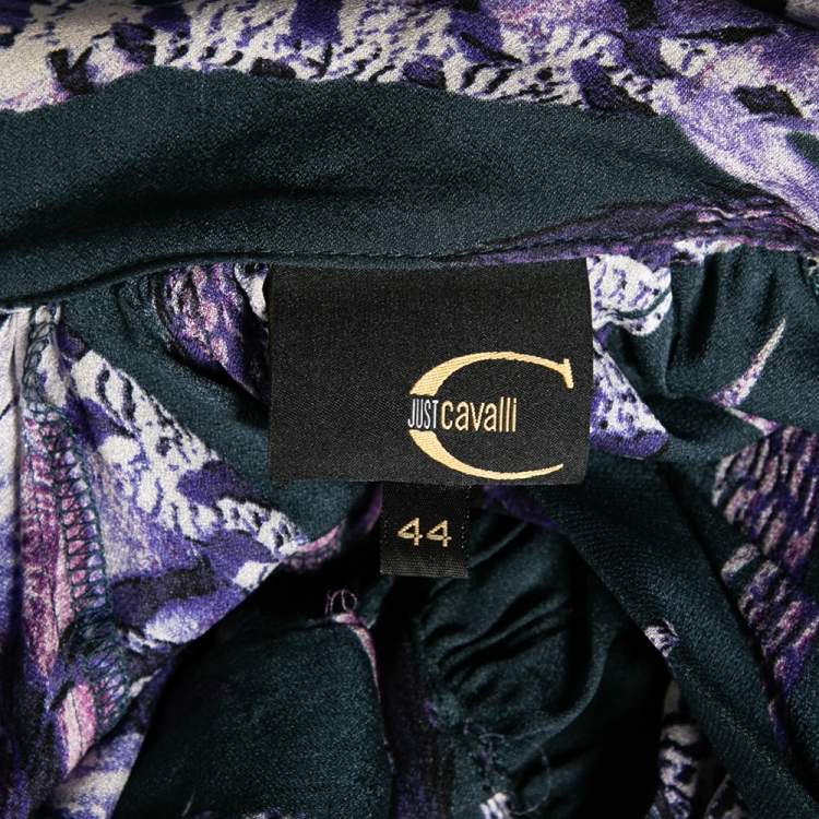 Pre Owned Just Cavalli Purple Feather Printed Silk Neck Tie Detail Blouse M