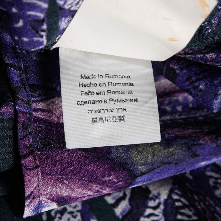 Pre Owned Just Cavalli Purple Feather Printed Silk Neck Tie Detail Blouse M