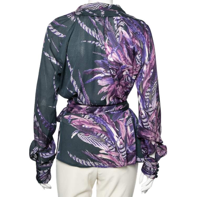 Pre Owned Just Cavalli Purple Feather Printed Silk Neck Tie Detail Blouse M