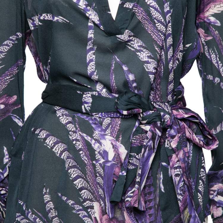 Pre Owned Just Cavalli Purple Feather Printed Silk Neck Tie Detail Blouse M