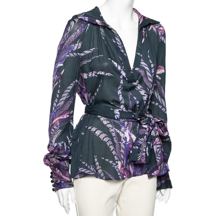 Pre Owned Just Cavalli Purple Feather Printed Silk Neck Tie Detail Blouse M
