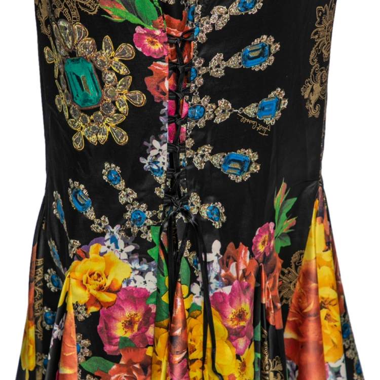 Pre Owned Just Cavalli Multicolored Floral Printed Satin Mermaid Maxi Skirt L
