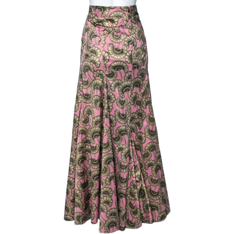 Pre Owned Just Cavalli Pink & Gold Printed Sateen Mermaid Maxi Skirt L