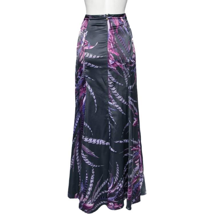 Pre Owned Just Cavalli Purple Feather Print Satin Maxi Skirt L