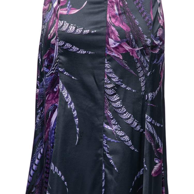 Pre Owned Just Cavalli Purple Feather Print Satin Maxi Skirt L