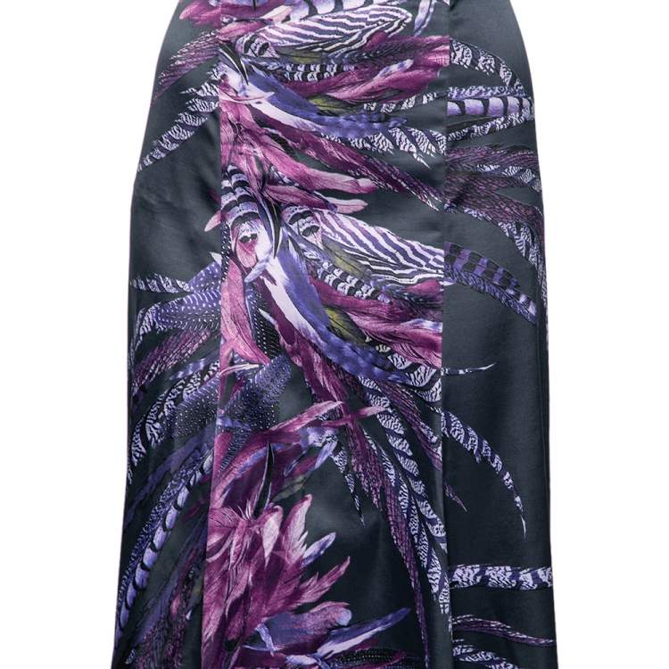 Pre Owned Just Cavalli Purple Feather Print Satin Maxi Skirt L