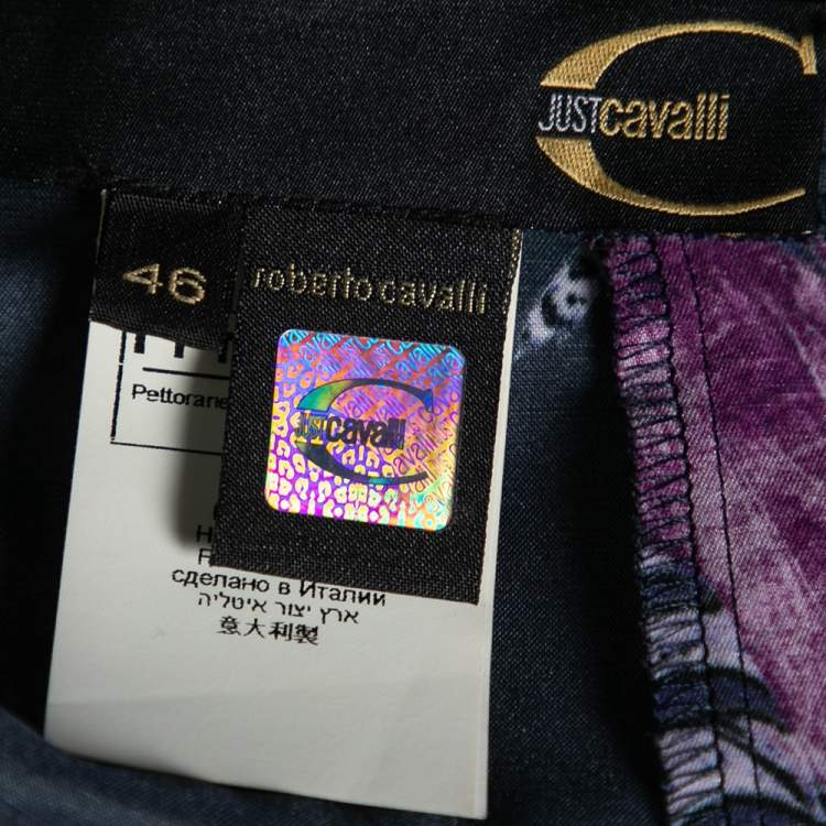 Pre Owned Just Cavalli Purple Feather Print Satin Maxi Skirt L