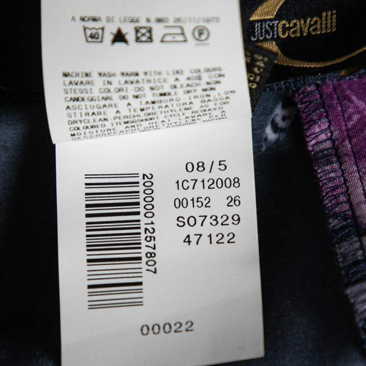Pre Owned Just Cavalli Purple Feather Print Satin Maxi Skirt L