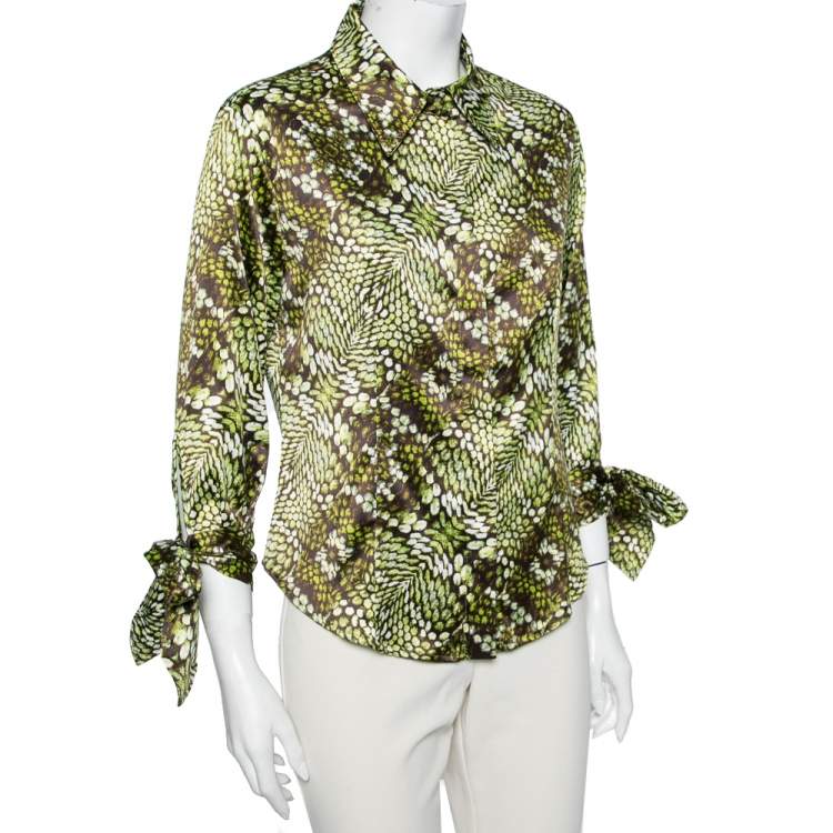 Pre Owned Just Cavalli Green Printed Satin Button Front Shirt M