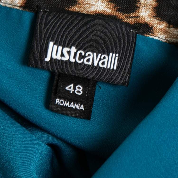 Pre Owned Just Cavalli Blue & Animal Printed Crepe Shirt & Maxi Skirt Set L