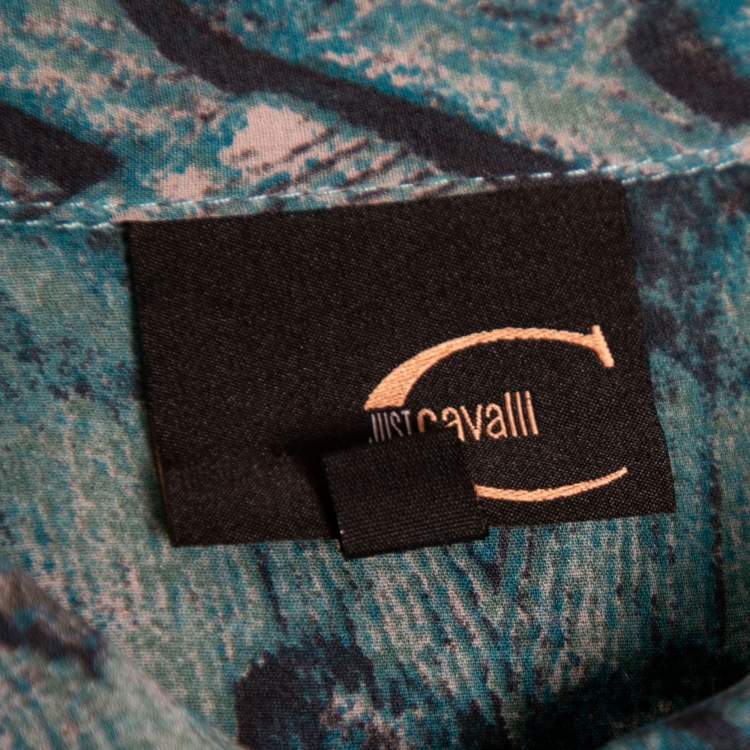 Pre Owned Just Cavalli Vintage Blue Printed Silk Button Front Short Sleeve Shirt M