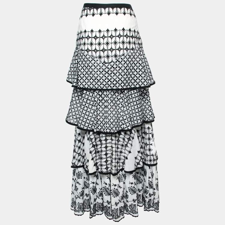 Pre Owned Just Cavalli Monochrome Embroidered Eyelet Cotton Tiered Maxi Skirt M