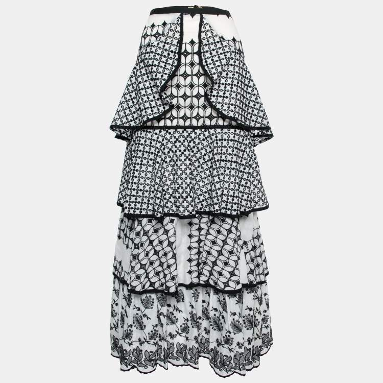 Pre Owned Just Cavalli Monochrome Embroidered Eyelet Cotton Tiered Maxi Skirt M