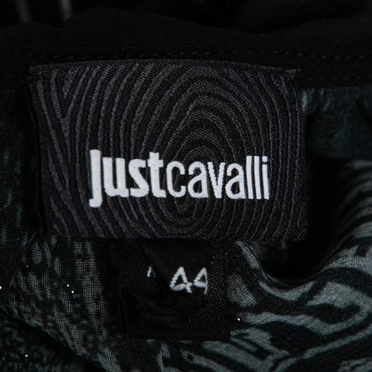 Pre Owned Just Cavalli Black Printed Chiffon Ruffle Trimmed Cold Shoulder Blouse M